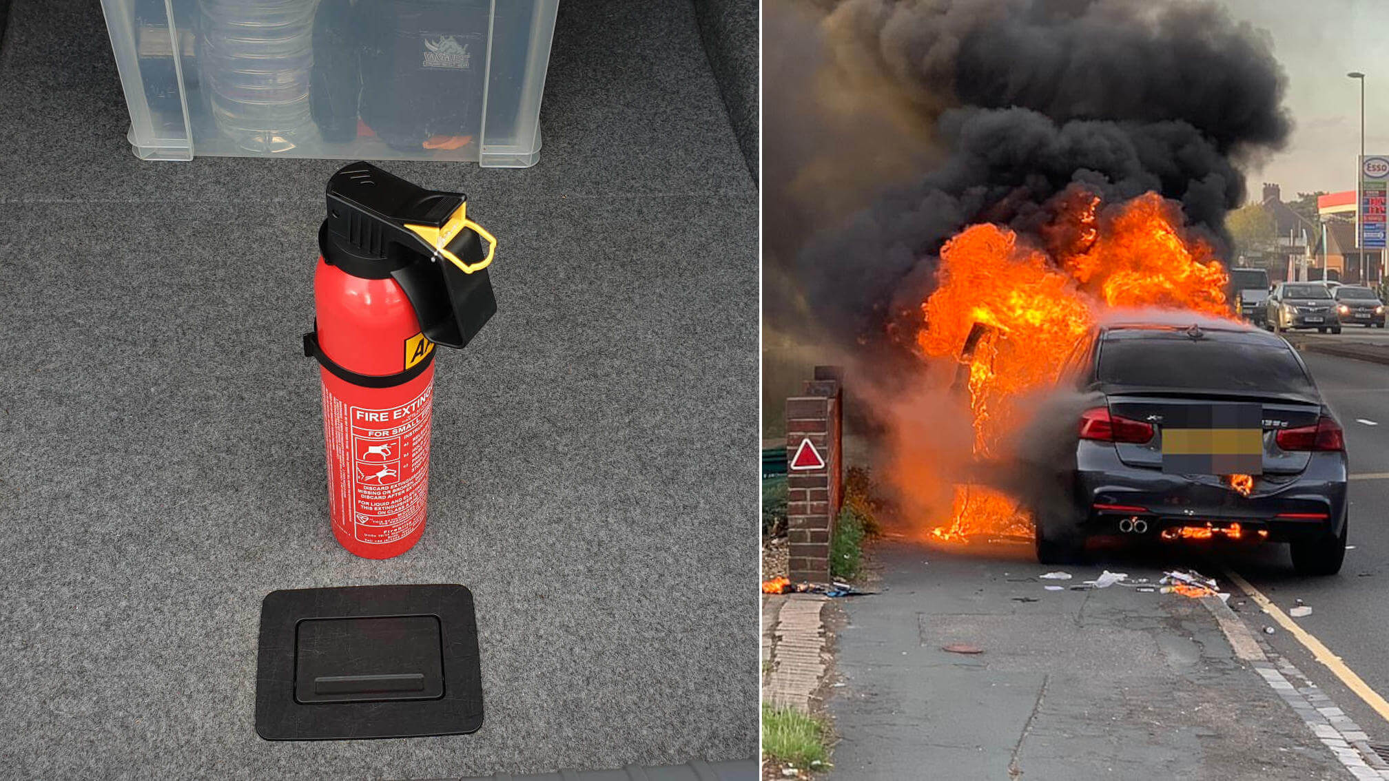 BMW car on fire in the UK, with fire extinguisher shown